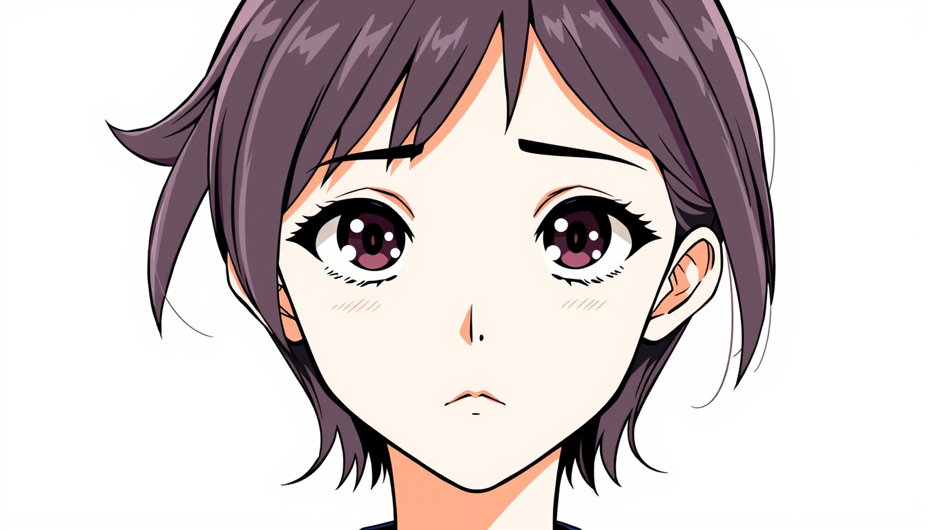 Main art studio: Crear una referencia educativa horizontal 16:9 de Keisy, personaje manga femenino de frente. Cabello morado, ojos grandes morados, rostro juvenil y pr
