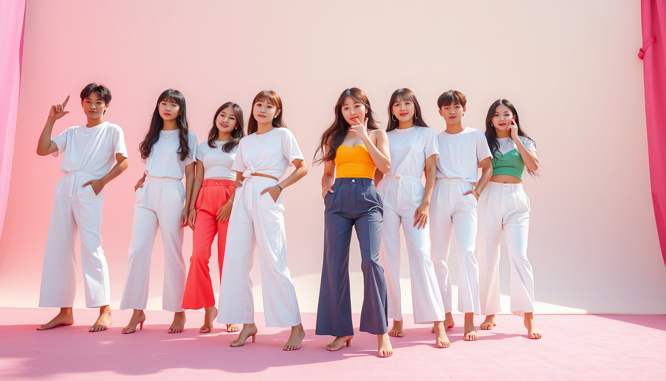 Main art studio: 8 members wearing opaque white T-shirts and opaque white wide-leg pants, colorful tank tops underneath, delicate anklets, barefoot. Each member has a