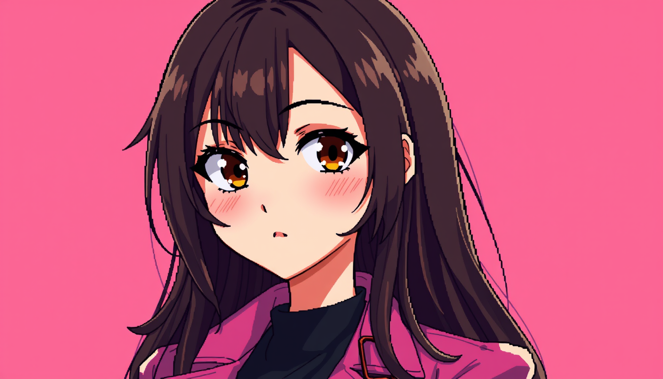 Anime idea: anime style, vibrant colors, expressive eyes, Pixel art character portrait inspired by KATSEYE Manon, dark brown long hair, warm brown skin, beautiful