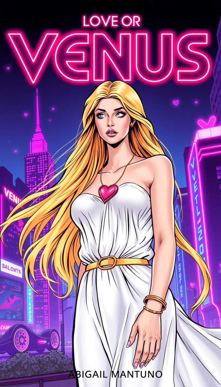 Main art studio: Horizontal comic book cover, 1980s retro-futuristic synthwave style. Venus, Roman goddess of love, with VERY LONG golden blonde hair reaching below he