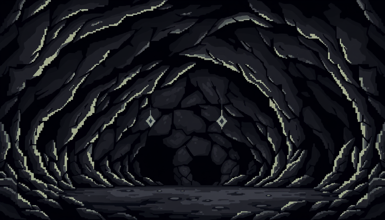 Pixel Art idea: pixel art, 32-bit retro style, limited color palette, clear readable design, Seamless REPEATABLE enclosed underground cave background. Dark charcoal r