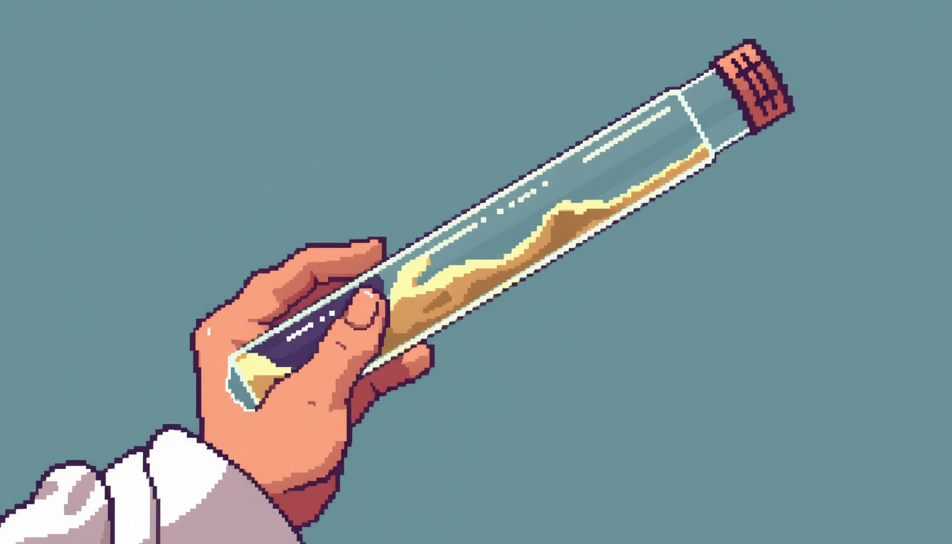 Pixel Art idea: pixel art, 32x32 sprite scale, limited palette, retro 16-bit game art, Long, thin glass alchemical tube, held diagonally at 35°. Handmade medieval gla