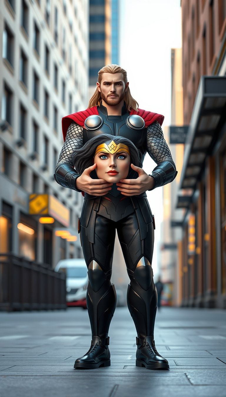 Main art studio: A highly detailed 3D-style scene of Thor wearing his classic superhero suit, standing on a city sidewalk during the daytime, holding a Wonder Woman-in