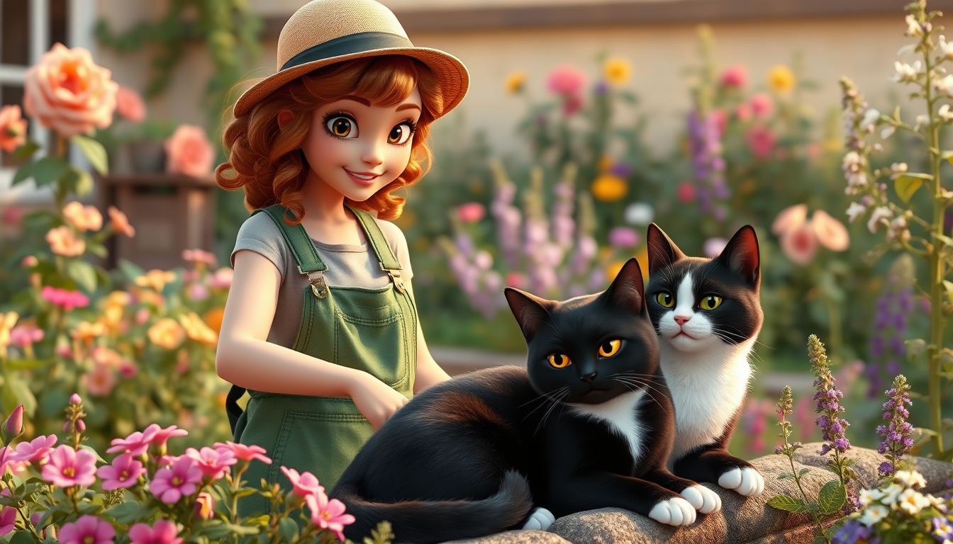 AI Art prompt example created from the prompt: A young slim female gardener with reddish-brown curly hair, wearing green gardening overalls and a garden hat, works in a beautiful cottage