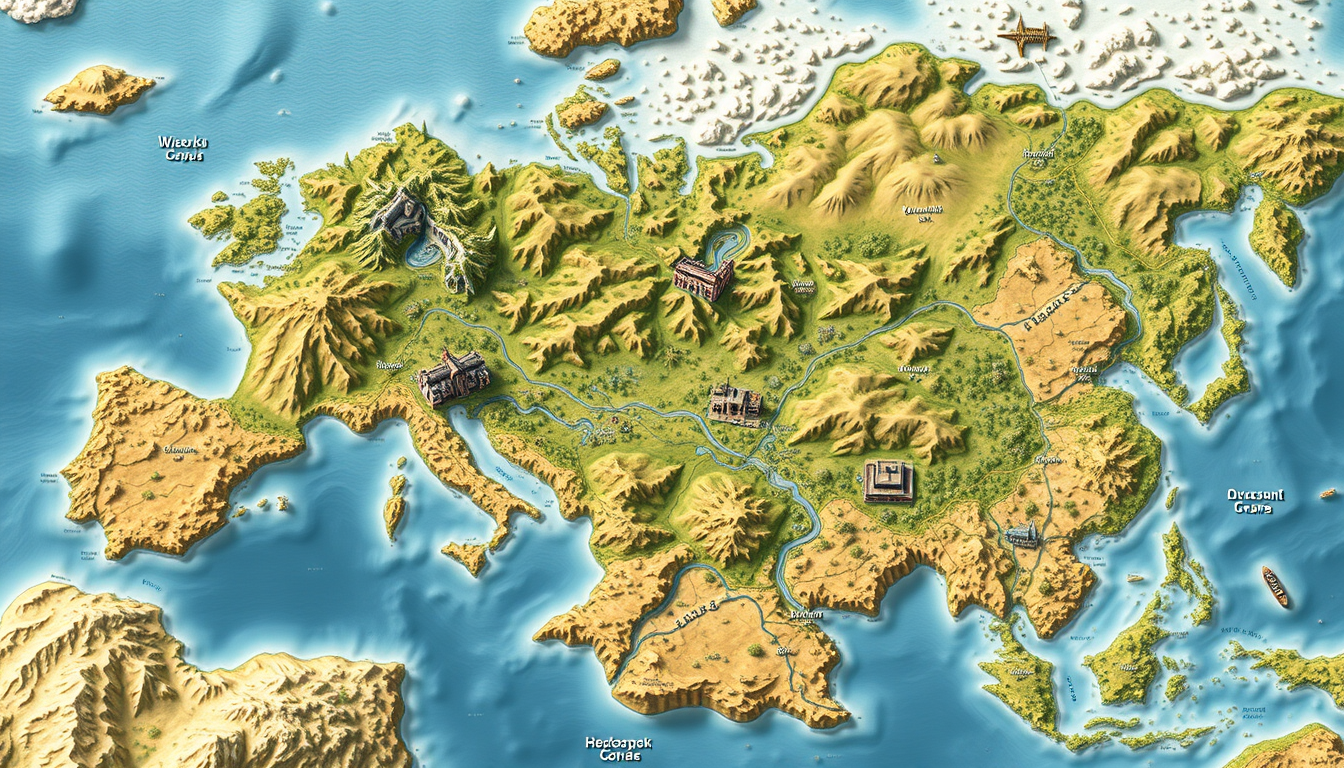 Fantasy Maps idea: a readable fictional world map with coherent coastlines, terrain regions, routes, and landmarks, deliberate composition, Степной пустынный регион внут