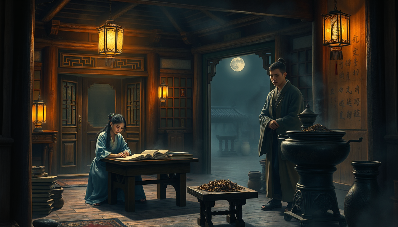 Main art studio: Ancient Chinese-inspired medical hall at night, warm lantern light, two young cultivators entering quietly, one young female healer seated at a wooden
