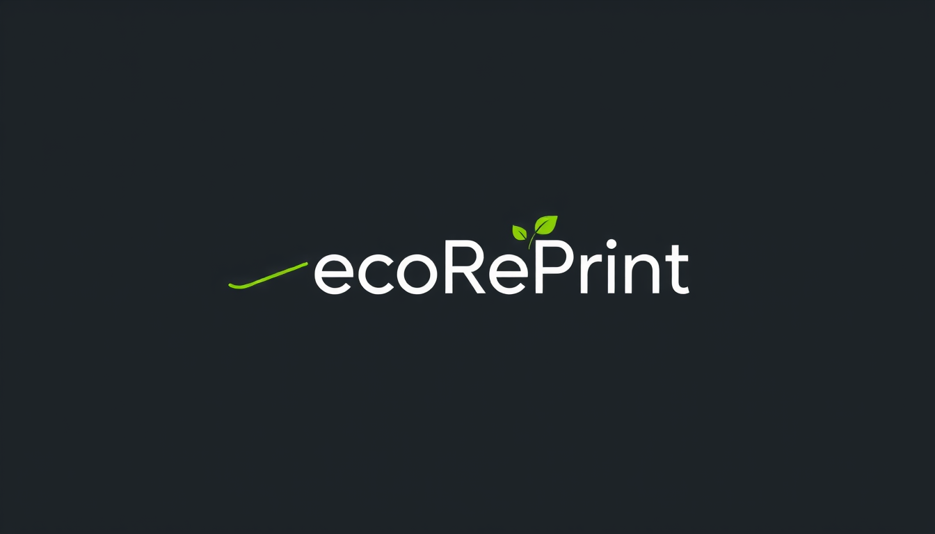 Main art studio: Minimalist professional logo for “ecoRePrint” on a dark charcoal background. A single bright green 3D-printer filament strand writes “eco” in a natura