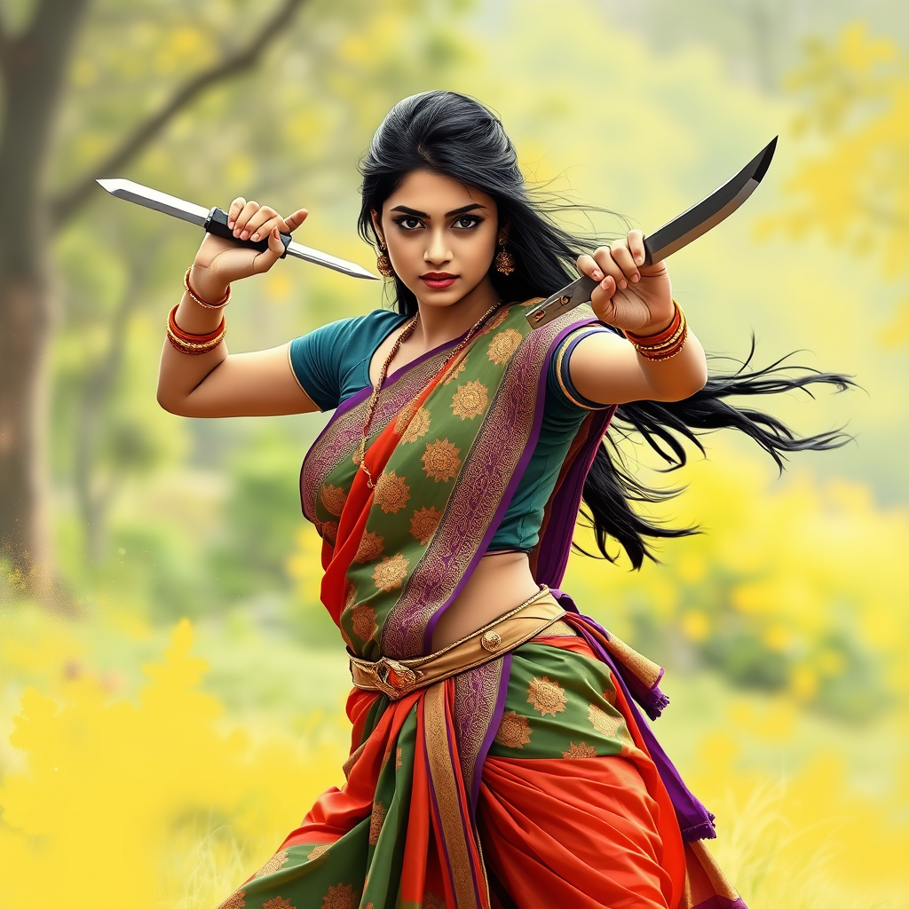 Main art studio: an outline of an indian looking, young woman. she is dressed in a traditional sari with colored and powerful and expensive patterns, but practicably e