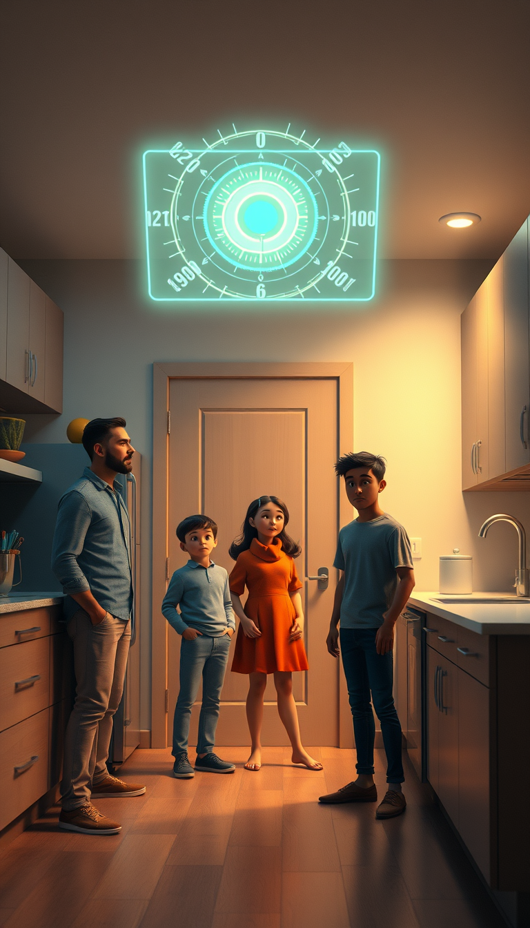Main art studio: Takes ControlPrompt:The same American family standing in their modern kitchen as smart appliances automatically prepare breakfast, lights change, door