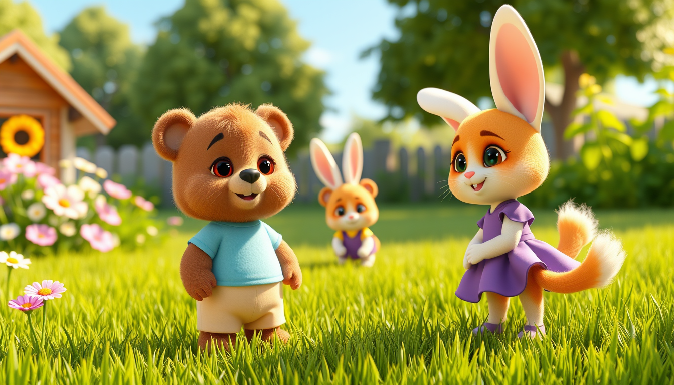 AI Art prompt example created from the prompt: 3D cartoon children’s movie scene. Milo, a cute small brown bear with fluffy fur, big warm eyes, light blue T-shirt and beige shorts. Nino,