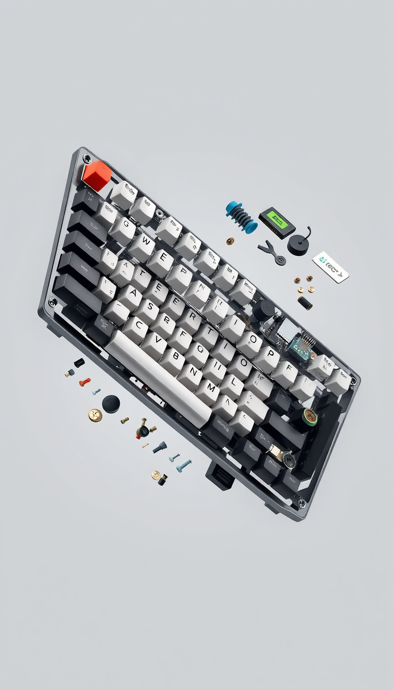 Main art studio: /explodedview Create a highly detailed 3D exploded-view of a modern computer keyboard. Show keycaps, switches, stabilizers, top frame, plate, PCB, con