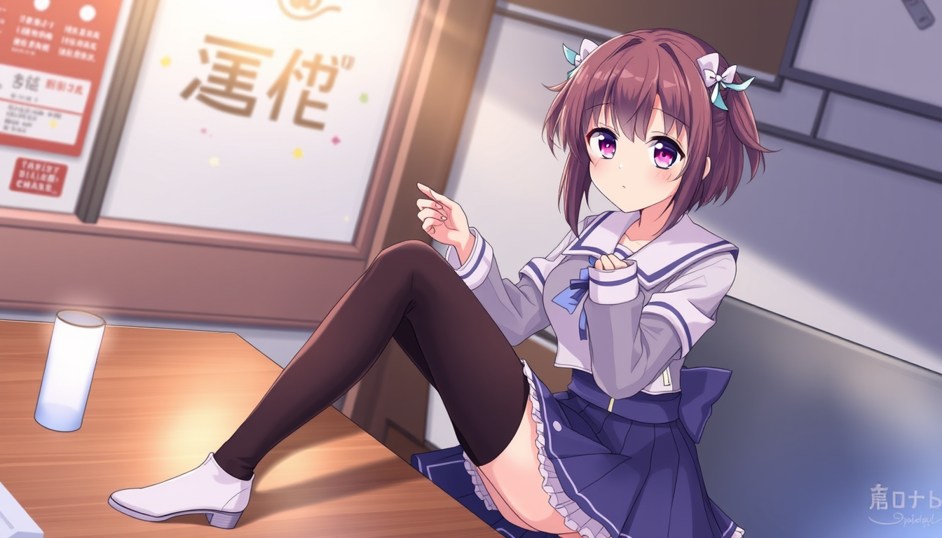 Main art studio: アニメみたいな感じで女の子髪型はショートふんわりで髪色は黒 服はラブブの服で ズボンはスカートみたい小学生
