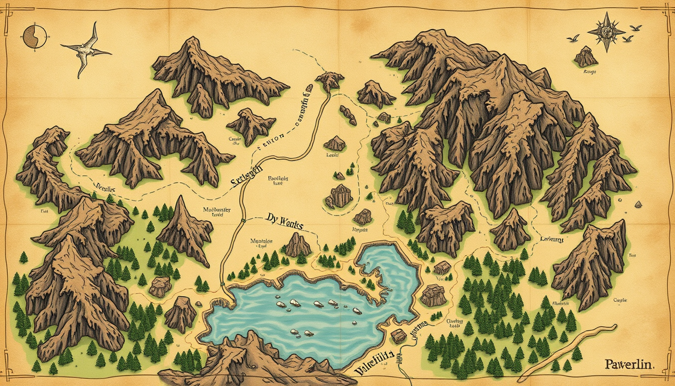 Fantasy Maps idea: fantasy world map, hand-drawn cartography, aged parchment, mountains forests and coastlines, “Create a printable tabletop RPG battlemap in A3 landscap