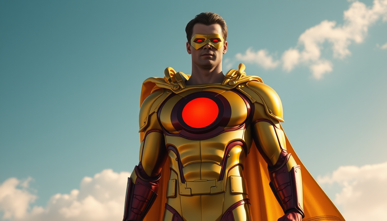Main art studio: un super héros dans une armure géante jaune avec un vrai soleil rouge sur le torse sans cape