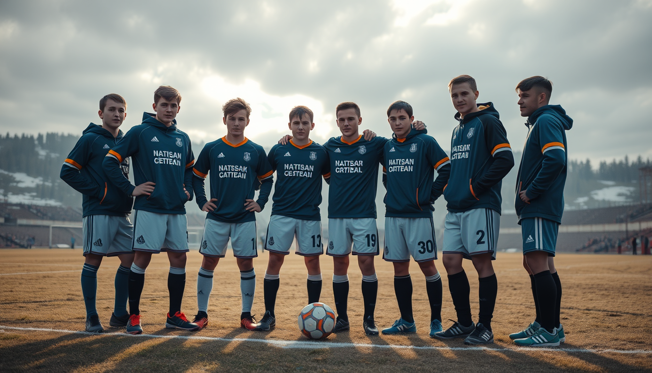 AI Art prompt example created from the prompt: a group of teenage boys in a Kazakh village creating their own football team , standing ttogether on a football filed, friendship and team w