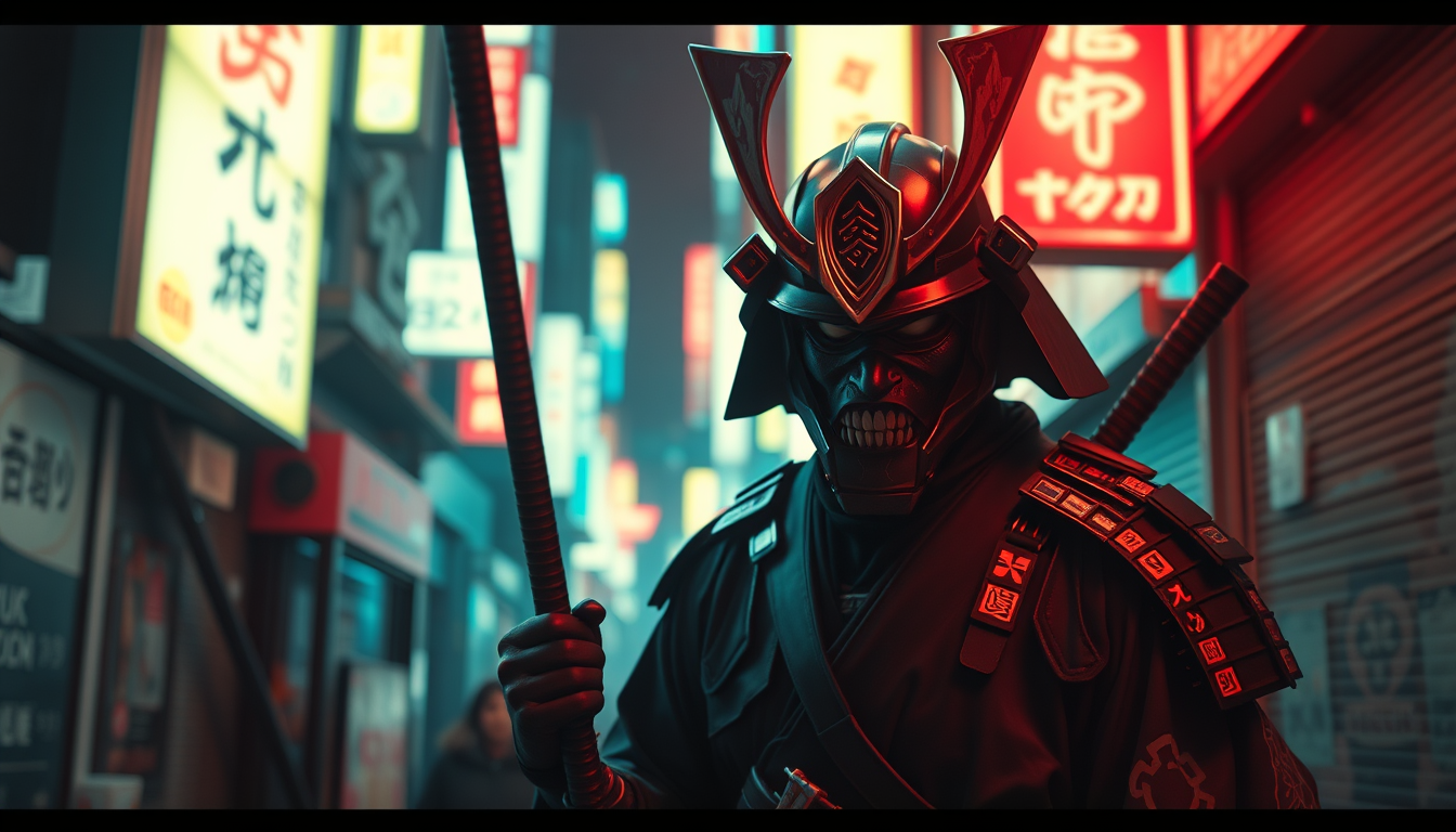 AI Art prompt example created from the prompt: cyberpunk samurai in neon-soaked Tokyo alley, 4k, cinematic