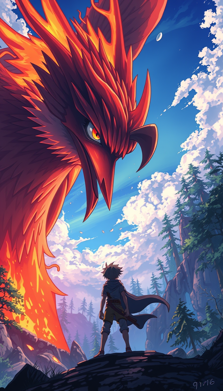 Anime idea: anime style, vibrant colors, expressive eyes, Anime, giant fire Bird facing a brave young man, ruined forest, dramatic sky, action pose, 9:16. , detai