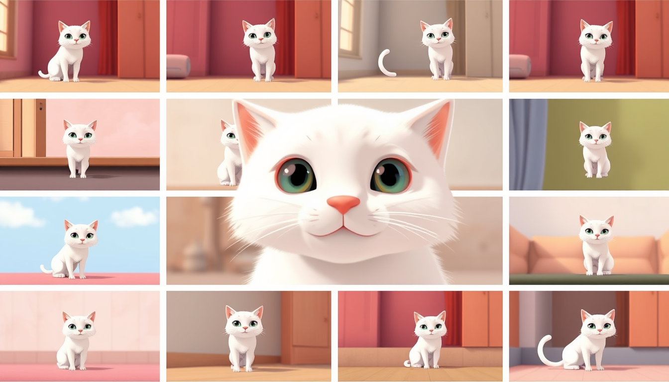 Sprite Sheet idea: a grid of animation frames sharing one character, scale, palette, and camera angle, deliberate composition, white cat , polished image, coherent detai