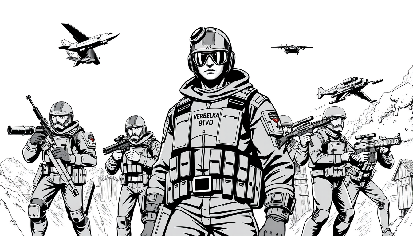 Comic Book idea created from the prompt: comic book style, bold lines, halftone dots, База альянса BeLK region 970 на закате: укреплённый двор, мешки с песком, самодельные баррикады