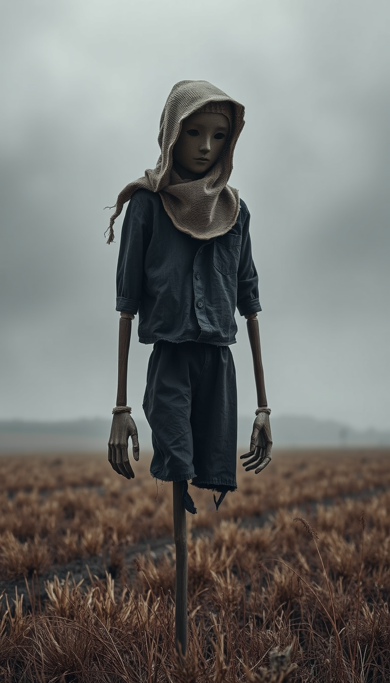 AI Art prompt example created from the prompt: A surreal cinematic photograph of a lonely faceless scarecrow standing in an endless abandoned field. Thin wooden arms, old torn dark clothe
