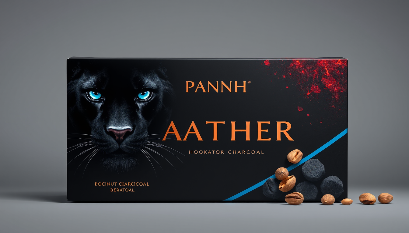 Main art studio: Luxury 10kg horizontal hookah charcoal carton, brand PANTHER. Matte black, metallic copper typography, premium minimalist export design. Use the refer