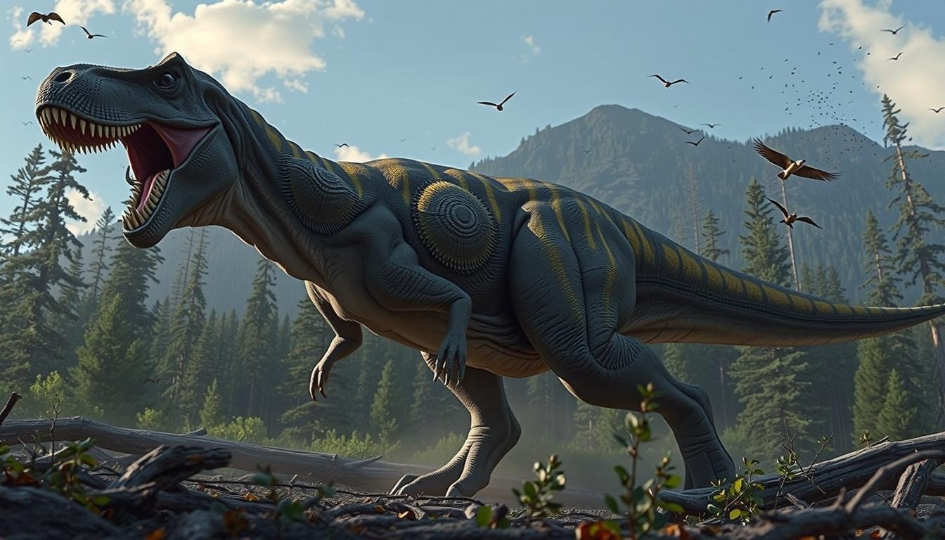 Main art studio: A colossal Tyrannosaurus rex slowly walks forward through a dense prehistoric forest, each step causing the ground to shake and loose dust to rise. It
