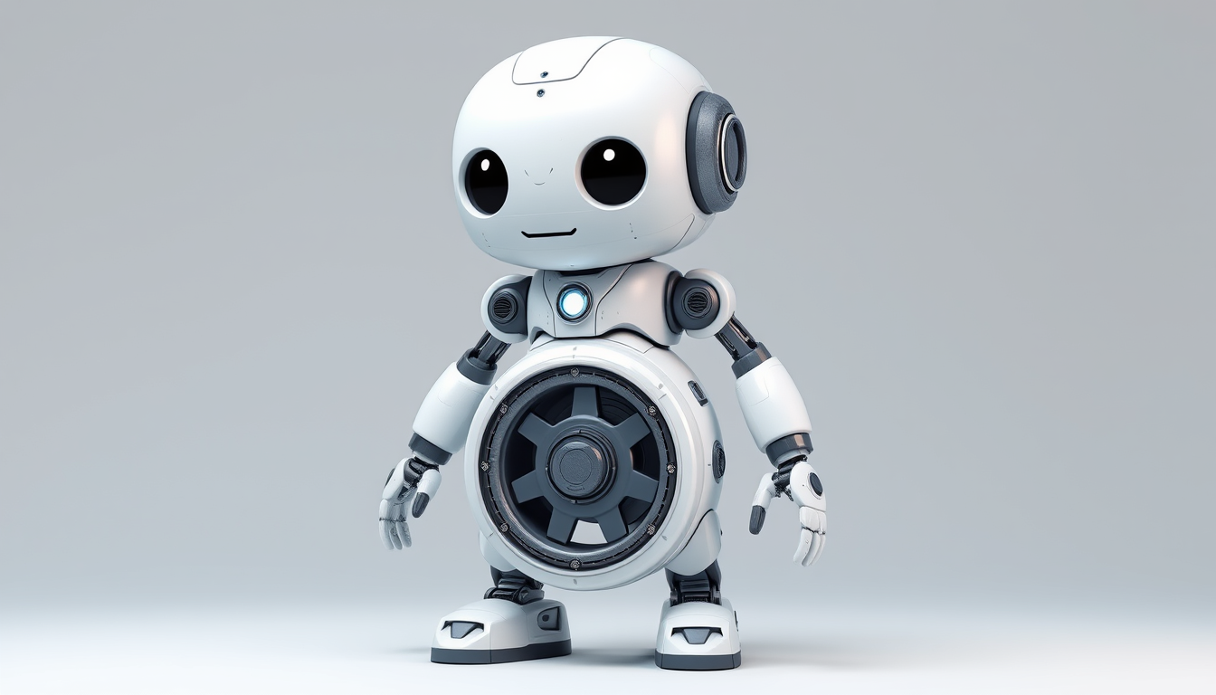 Main art studio: Stylish futuristic male robot for a simple 3D game. Medium height, slim balanced body, smooth rounded multi-part metal design. EXACTLY ONE LARGE CENTR