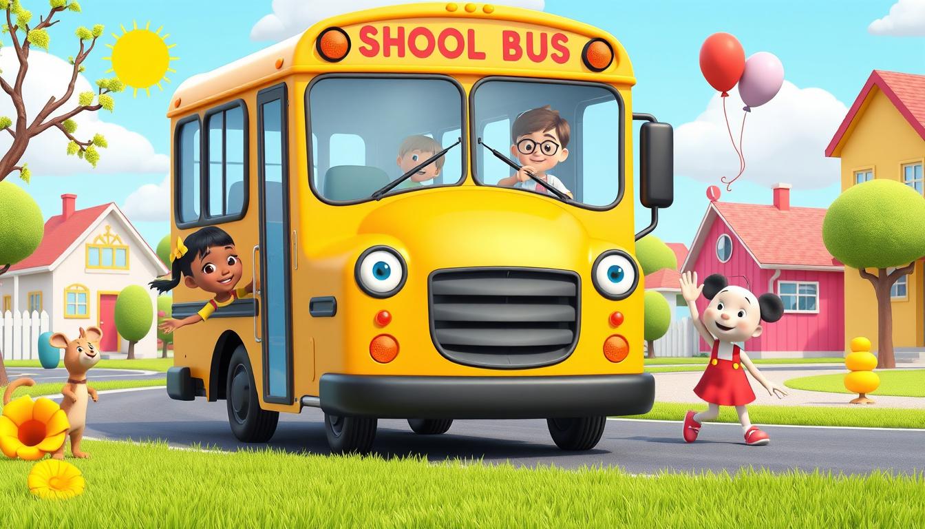 Main art studio: Create a colorful 3D animated nursery rhyme for toddlers featuring a friendly school bus traveling through a cheerful town. Each verse highlights a bu