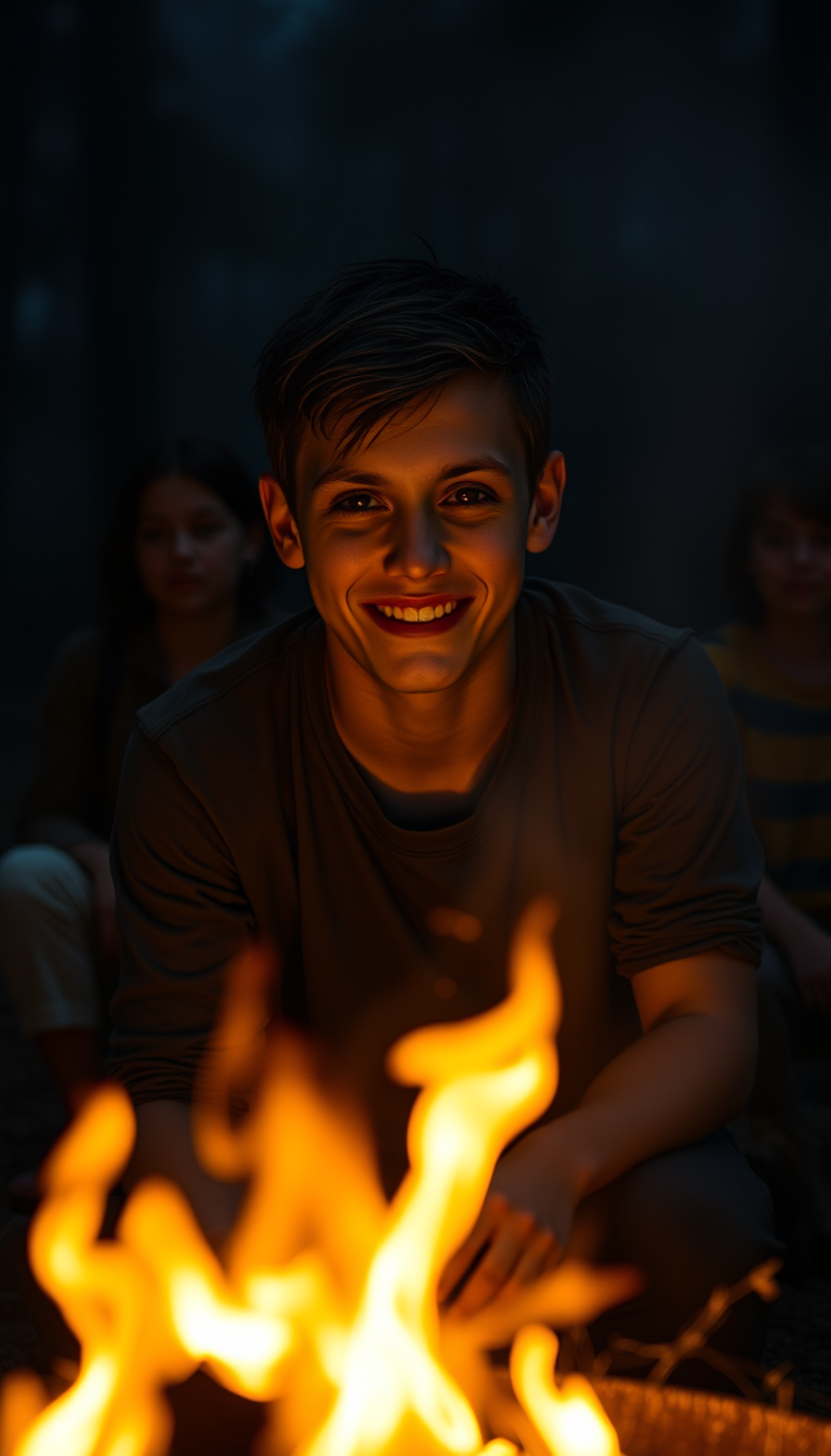 Main art studio: A teenage boy sitting directly across a campfire at night, staring toward the camera. His head is turned at an unnatural angle, his expression is unna