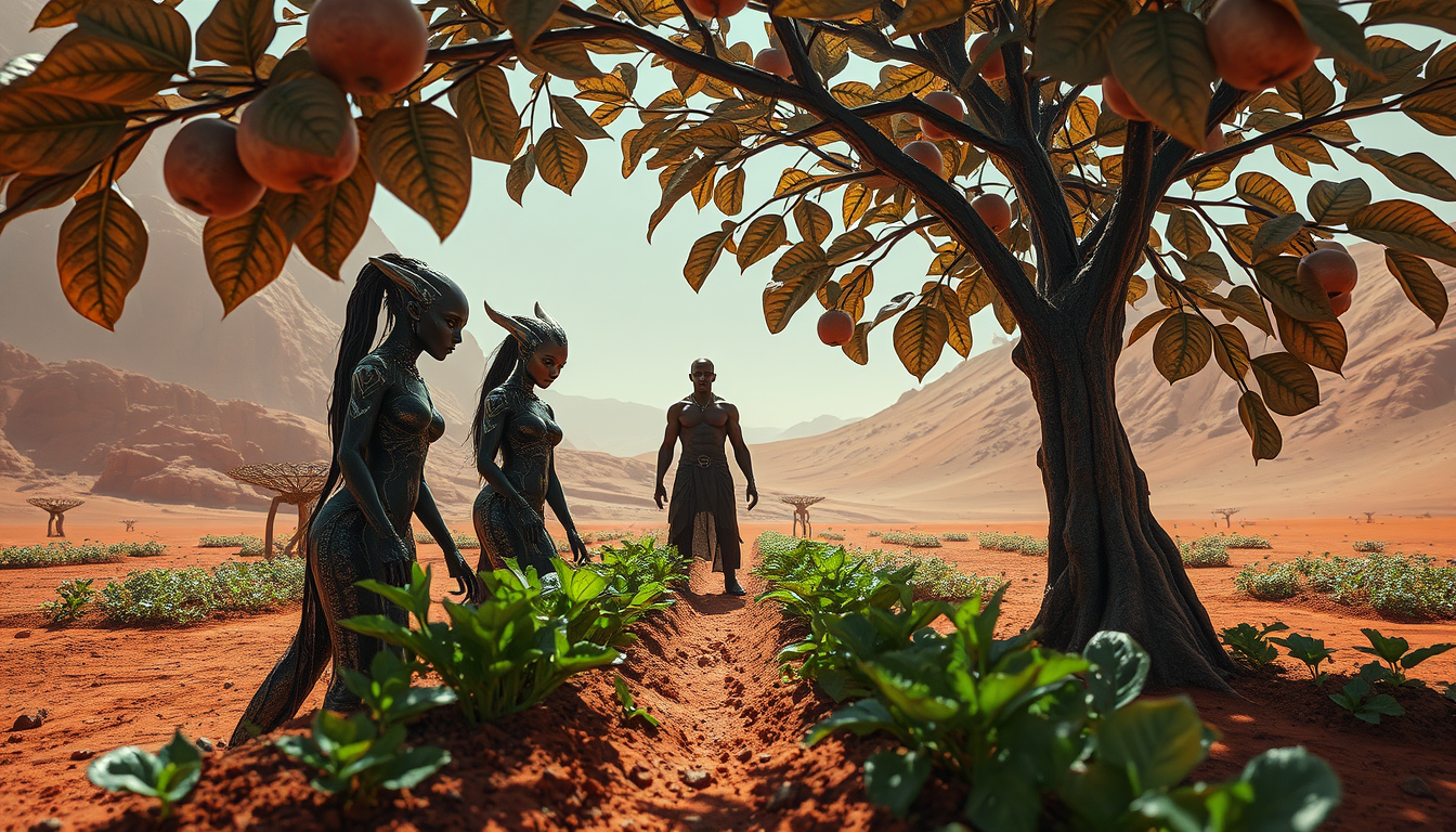 Main art studio: A breathtaking alien Eden on Mars, viewed from a dramatic low angle beneath a shimmering silver-leafed apple tree. Diverse, statuesque alien women wit