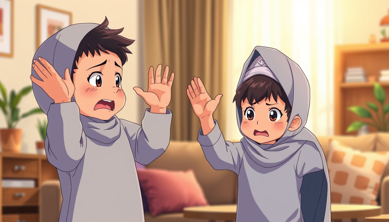 Anime idea: anime style, vibrant colors, expressive eyes, 2D anime parenting scene. An angry 2-3 year old boy raises his hands toward his mother to hit her. His m