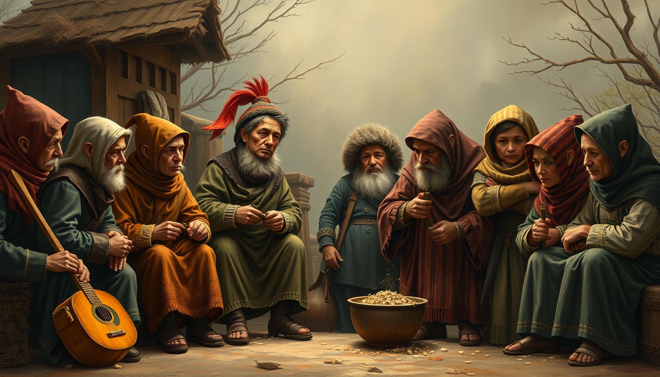 Main art studio: Сгенерируй забавную картинку, где вокруг человека разные люди занимаются своими разными делами и он видит их знаки зодиака