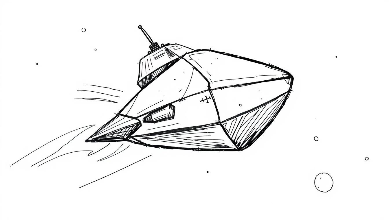Main art studio: 2D hand-drawn cartoon frame, inspired by energetic rough animation sketches. A strange ORIGINAL geometric alien spaceship flying through space. The sh