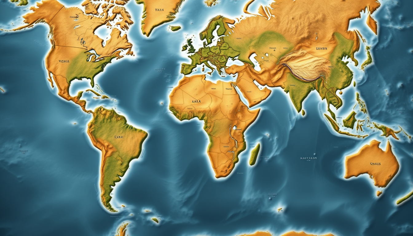 Fantasy Maps idea: a readable fictional world map with coherent coastlines, terrain regions, routes, and landmarks, deliberate composition, أريد تصميم خريطة العبه صحراء 