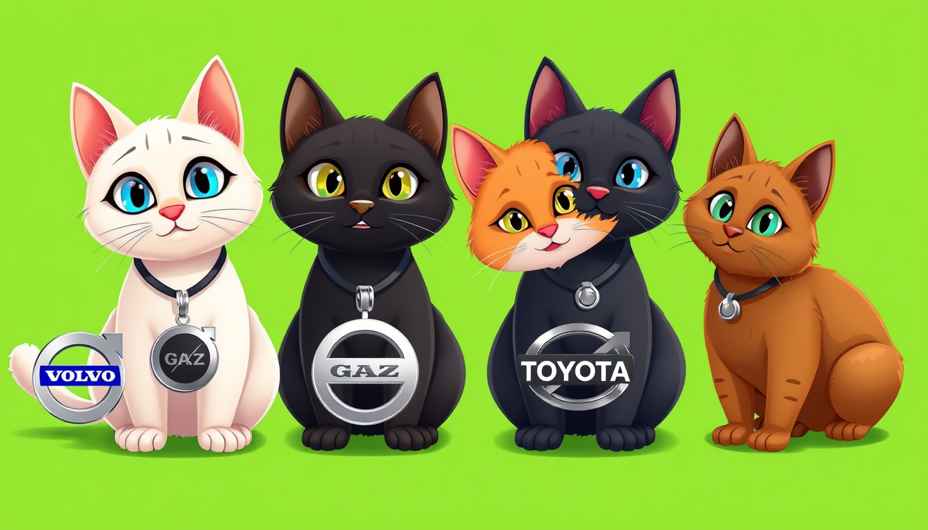 Main art studio: Four different cute cats, Pixar-style, on a solid bright green background, no shadows. 1) Male, light fur, blue eyes, two same-size pendants: Volvo em