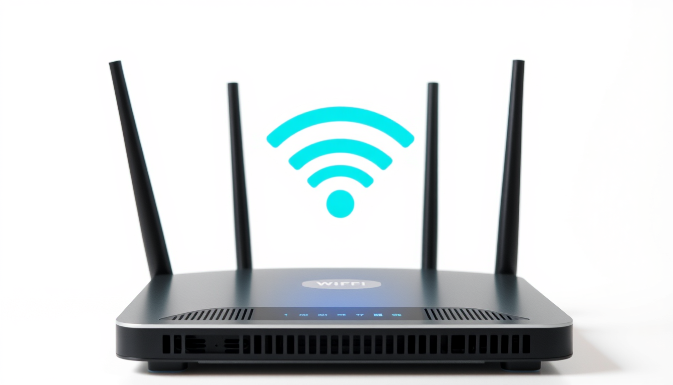Main art studio: wifi router, blue signal symbol, white backgroud