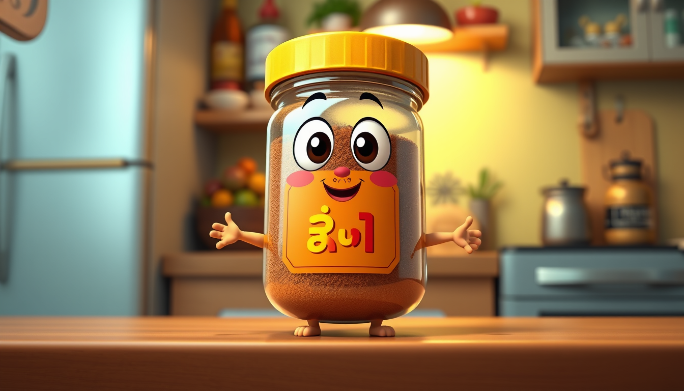 Main art studio: Cute 3D animated Sri Lankan spice jar character labeled “තුනපහ”, big expressive eyes, tiny arms and legs, friendly smiling face, standing on a cozy Sr