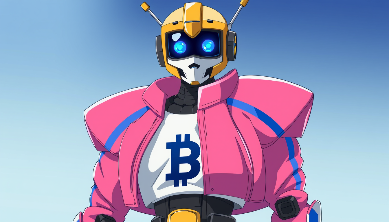 AI Art prompt example created from the prompt: Do a TV-Headed robot with blue eyes wearing a pink jacket with blue stripes worn over a singlet with the letter B on it, full body, anime