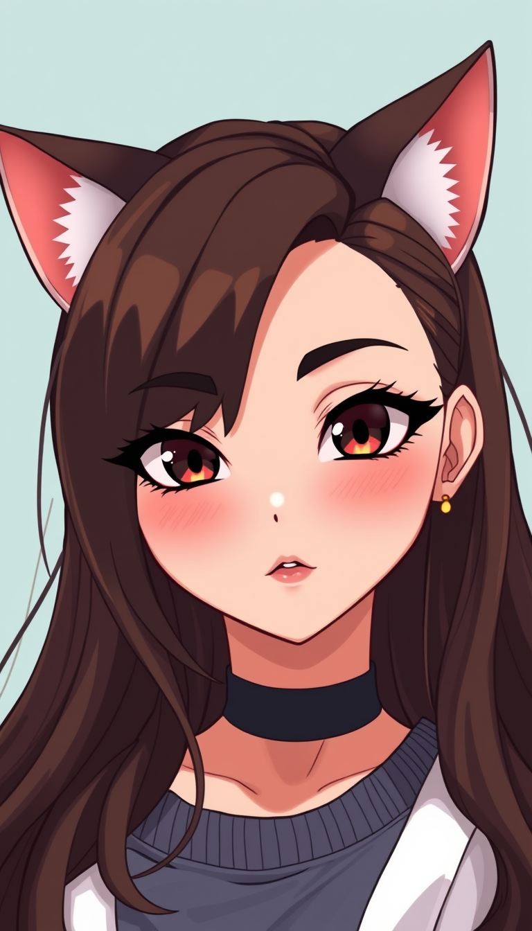 VTuber idea: vtuber avatar character, anime style, expressive face, streaming-ready design, A gyaru v tuber with dark brown hair, cat ears, pale olive skin. With r