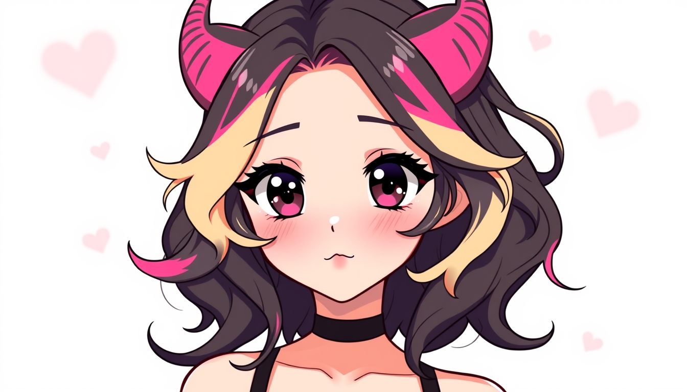 VTuber idea: vtuber avatar character, anime style, expressive face, streaming-ready design, Jirai kei mixed with gyaru kawaii female vtuber with mini horns, black