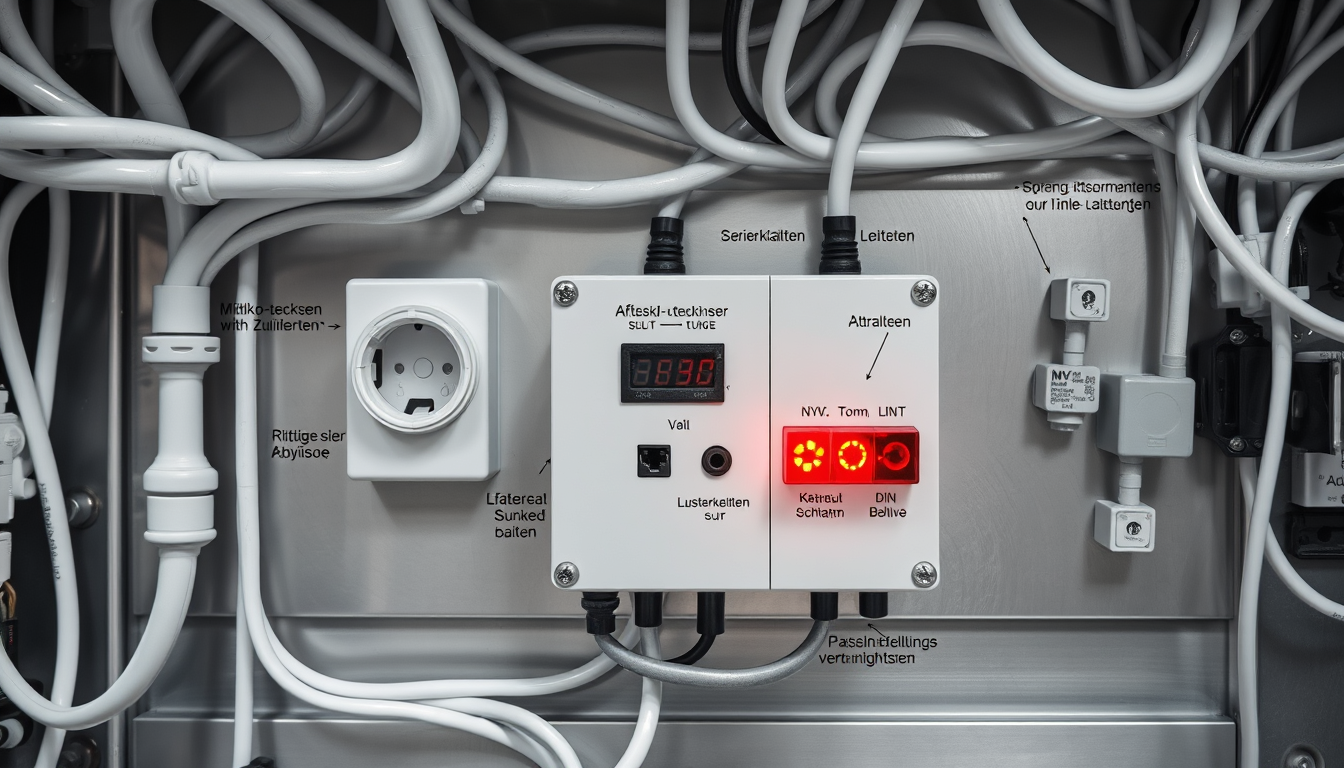 Main art studio: Fotorealistisches Bild einer deutschen Elektro-Übungsplatte aus Aluminium in einer Werkstatt. Weiße Kabelkanäle mit sichtbaren Schlitzen, Schuko-Steck