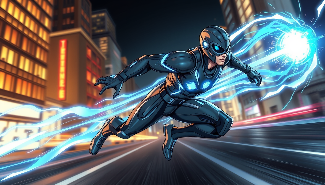 Main art studio: Original superhero named Time Runner, a super-speed hero sprinting through a futuristic city, sleek gray and electric-blue armored suit, glowing blue