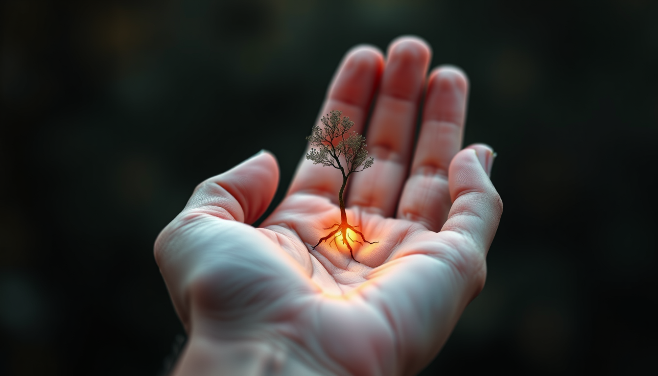Main art studio: Eine menschliche Hand hält einen kleinen, leuchtenden Samen. Aber aus dem Samen wächst kein Baum. Es wächst eine komplette zukünftige Welt: Gebäude, d