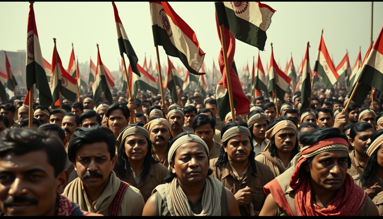 Main art studio: 1940s Indian freedom protest, thousands of Indians marching with flags, realistic faces, cinematic, 4K, 16:9