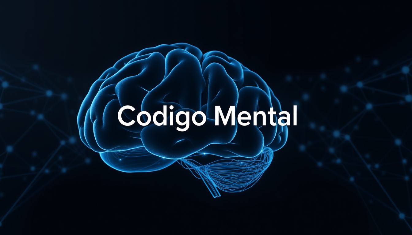 Main art studio: Professional YouTube banner for a channel called "Codigo Mental", dark modern background, futuristic psychology and neuroscience aesthetic, human brai