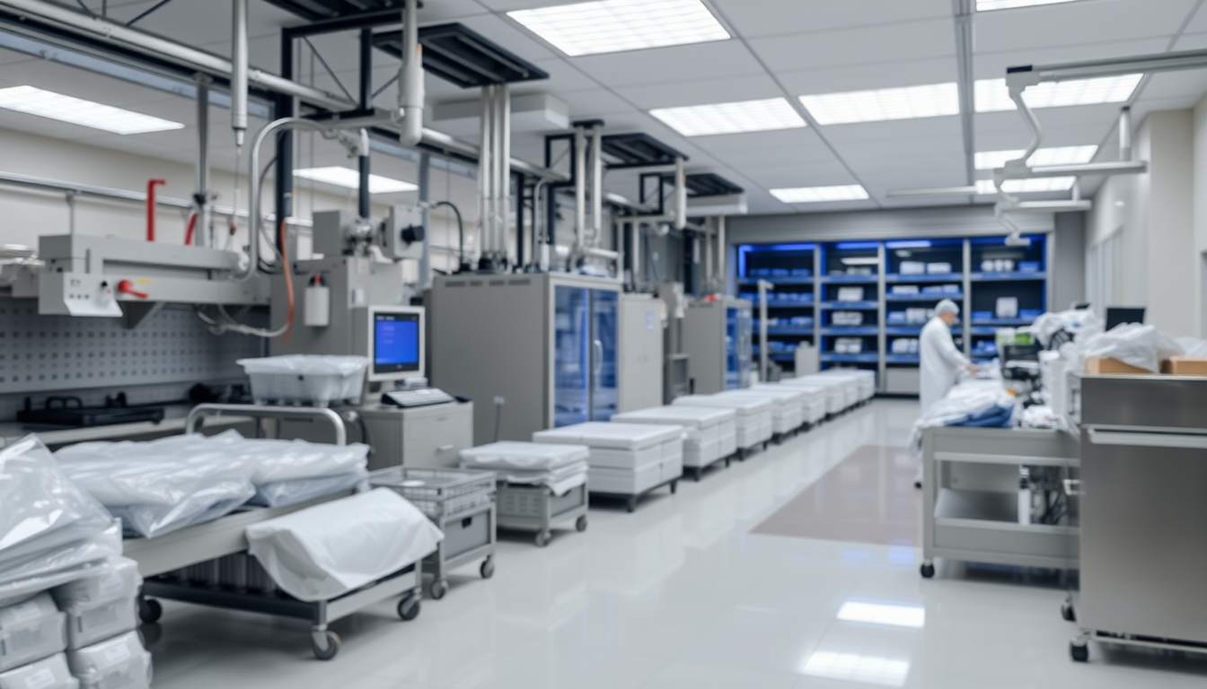 Main art studio: Give me an image of something you would see in a clean, clinical, medical device manufacturing facility for intraocular lens that I can use, like how 