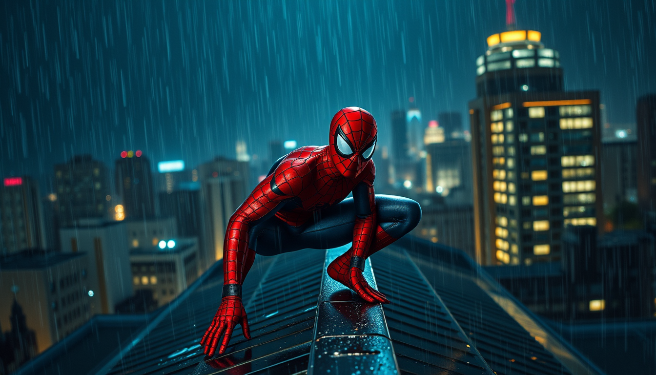 Main art studio: Spiderman on rooftop rainy at night