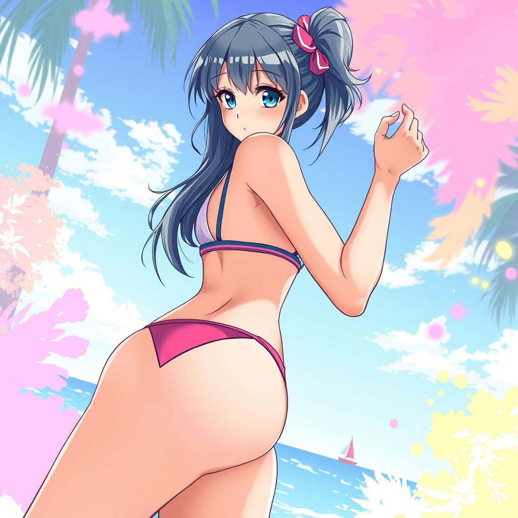 Anime idea created from the prompt: anime style, vibrant colors, expressive eyes, 20 Jear old Anime Girl showing her Giant butt in Bikini , detailed anime illustration