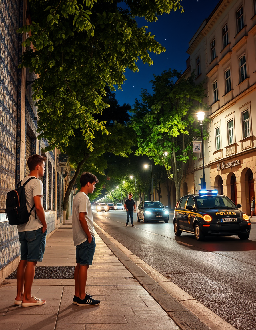 Main art studio: A photorealistic nighttime scene in the city of Braga, Portugal. The buildings are covered with beautifully patterned ceramic tiles. Two young men are