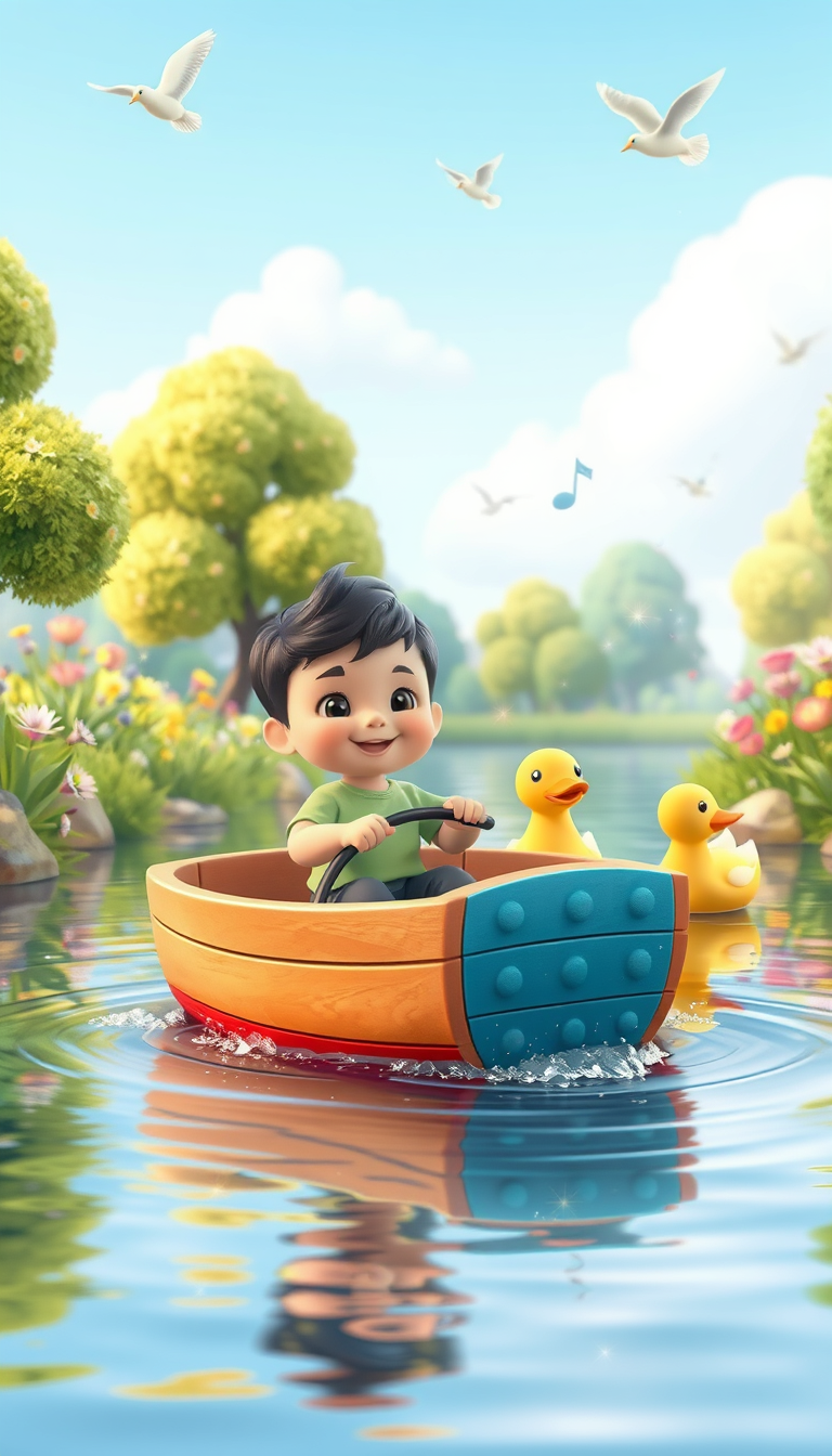 Main art studio: A cute, cheerful young child sitting safely inside a small colorful wooden boat, gently floating along a calm, sparkling river.The child happily rows